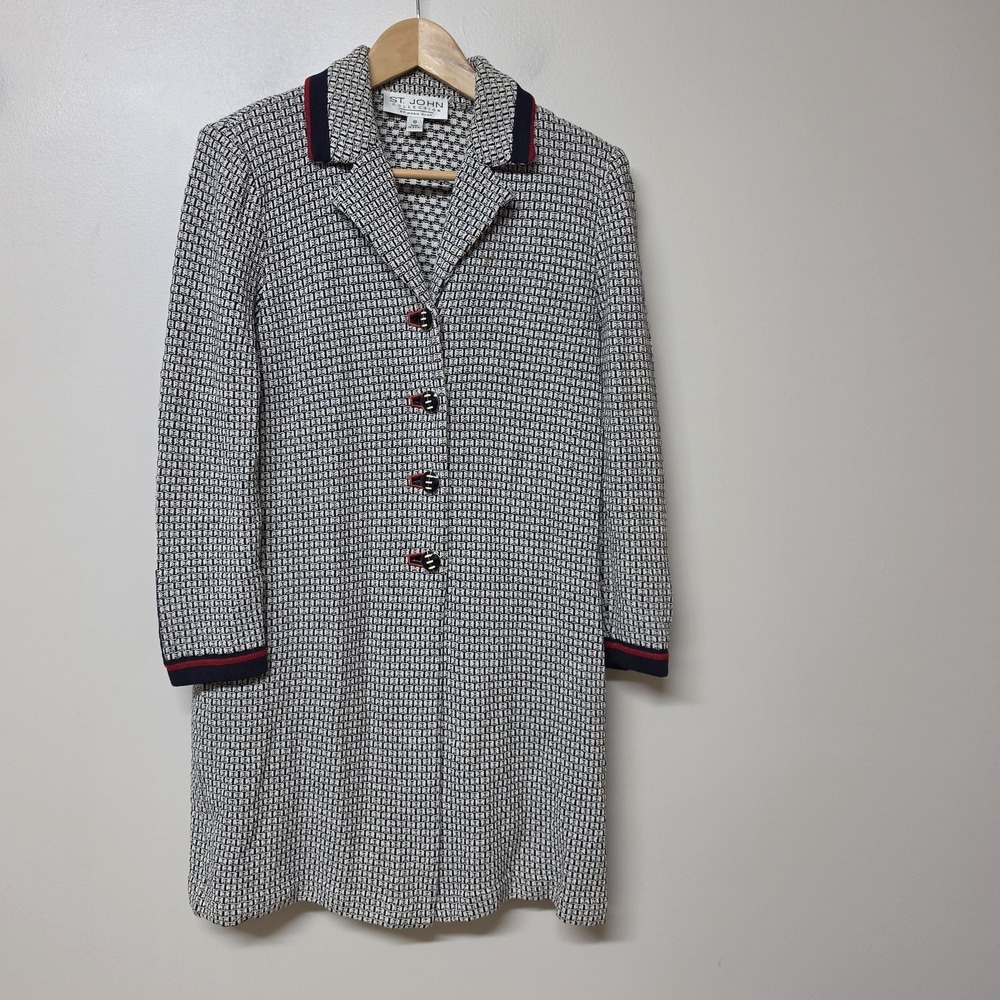 St John Collection Santana Knit Blazer Jacket Size 6 Navy Ivory Red Made USA
